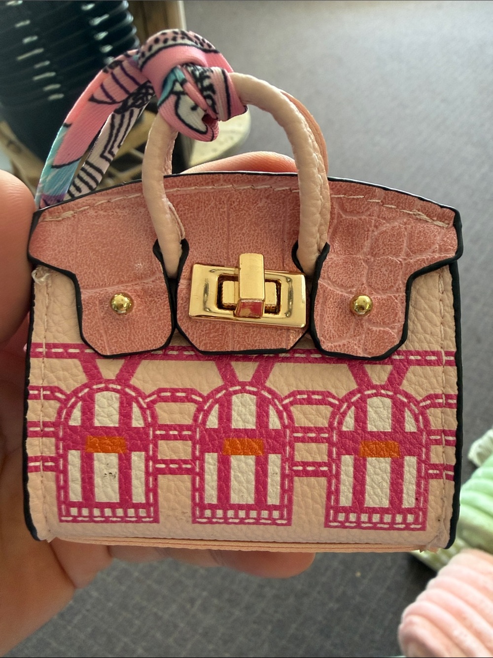 Pink Patterned Mini Handbag with Gold Hardware